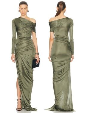 Atlein Shiny Jersey Off The Shoulder One Sleeve Ruched Gown Mousse Green NWT 38